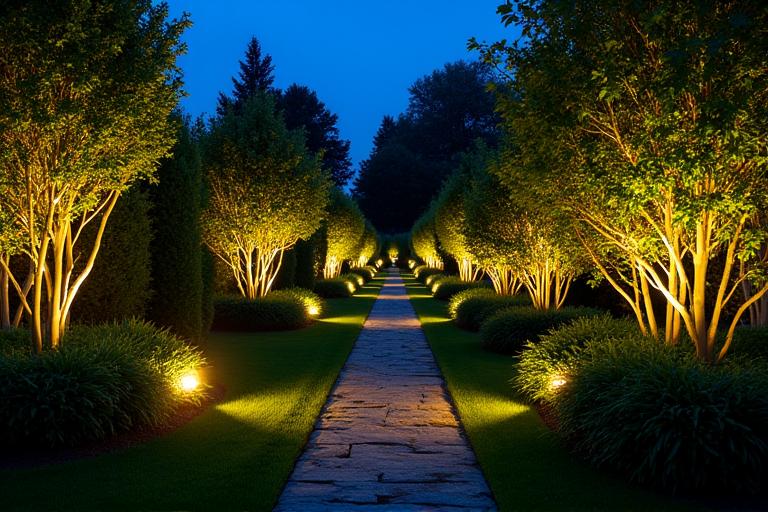 Jardín iluminado por la noche